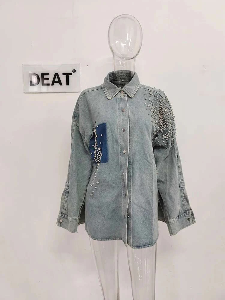DEAT Fashion Decorate Denim Coat Women Lapel Irregular Single Breasted Patchwork Loose Jakcet Spring 260120