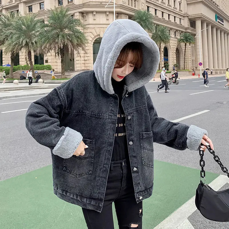Womens Loose Allmatch Fleece Thickened Hooded Denim Jacket 260120