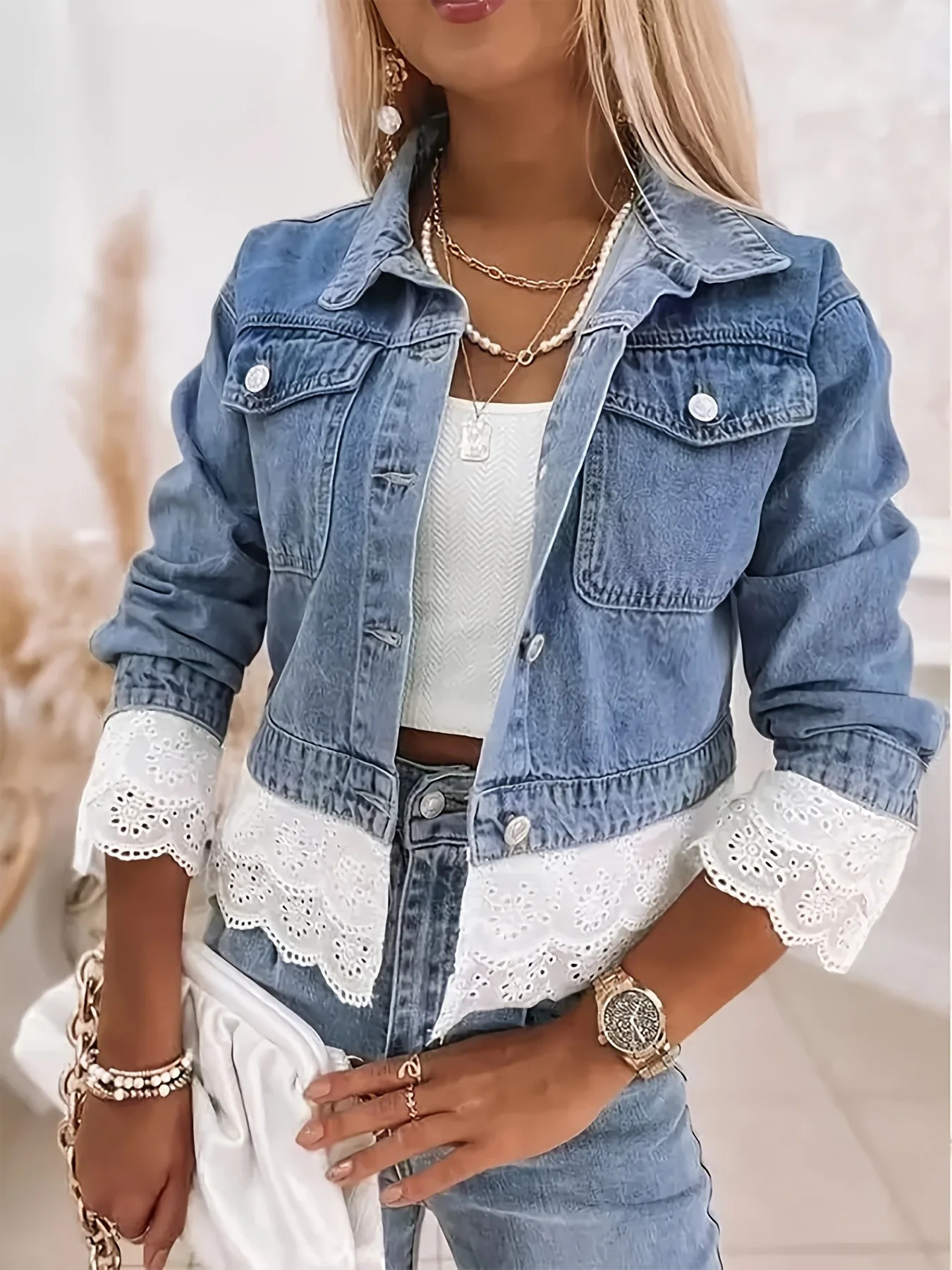 Lace Spliced Women Denim Jacket Long Sleeve Coats Patchwork Jackets Single Breasted Cardigan Outerwear High Street Buttons 260120