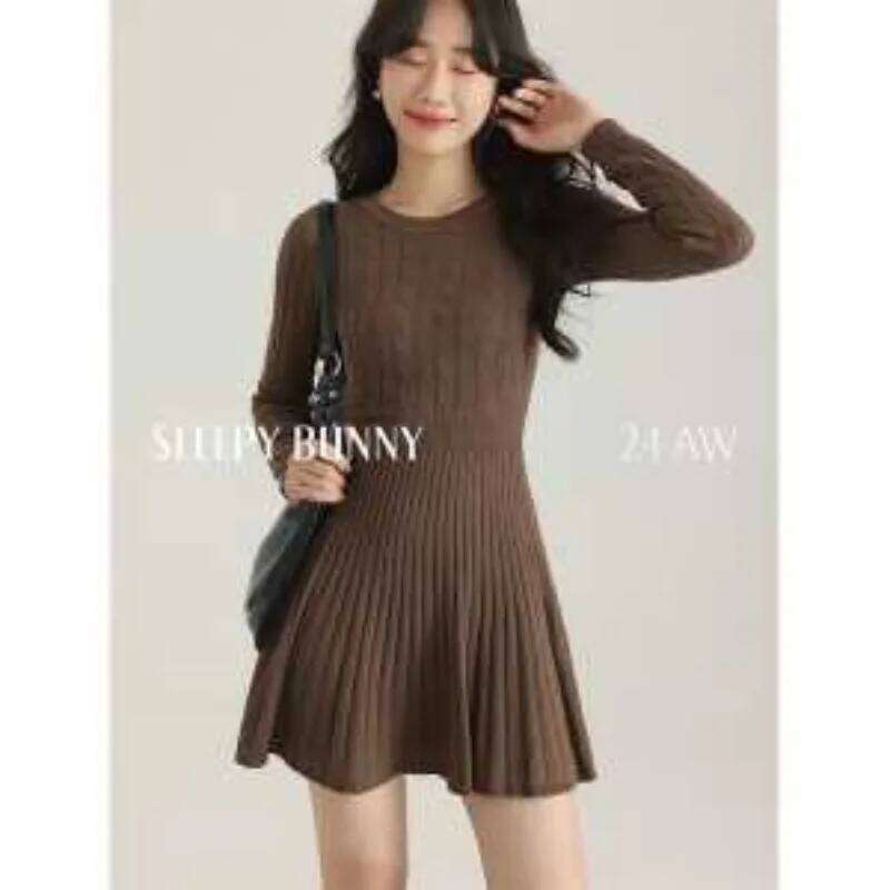 Autumn Winter Waist-cinching Retro Round Neck Bottoming Long-sleeved Dress New Slim Knitted Pleated Skirt XJ260131