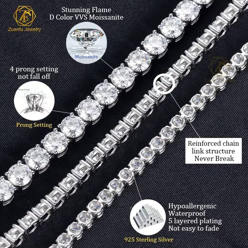 Hiphop Luxury Gra Vvs D Color 3mm 4mm 5mm Mossaanite Tennis Chain 925 Moissanite Sterling Silver Mold Baguette Chains