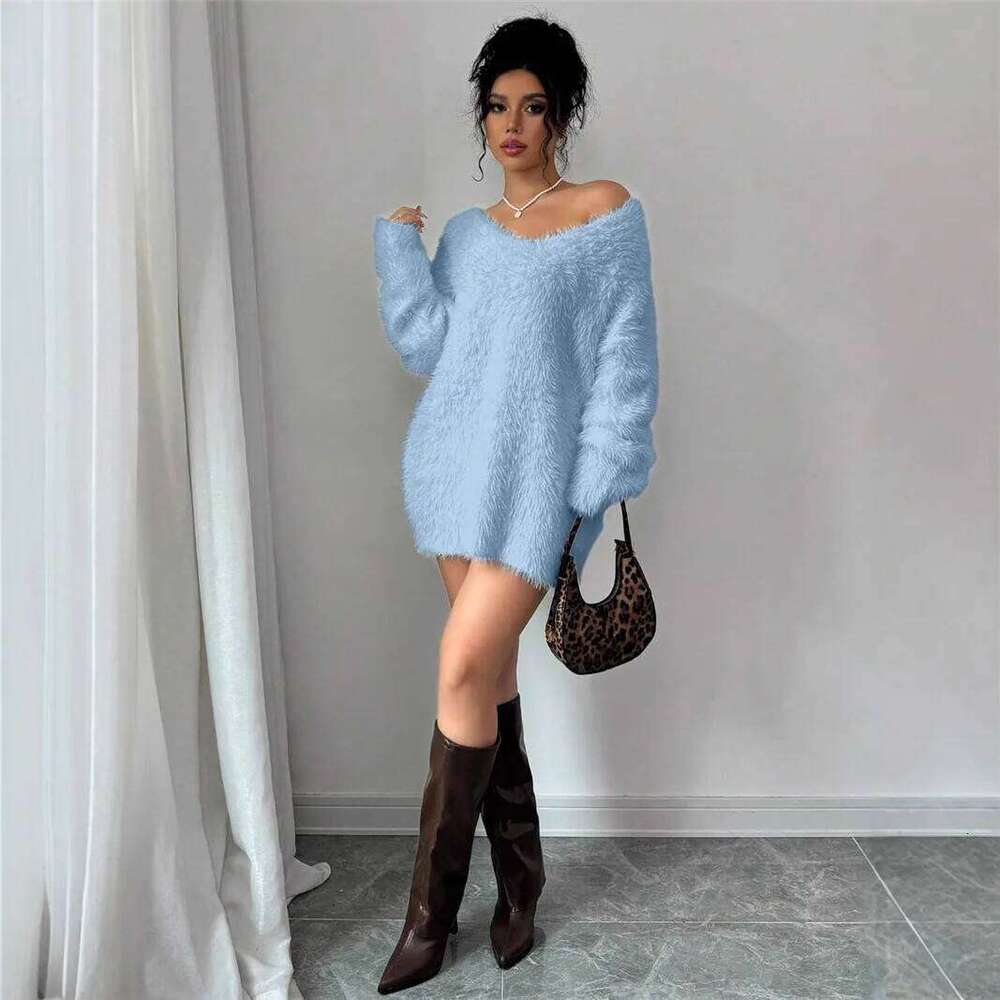 O Neck Long Sleeve Women's Plush Dress Sweater Autumn Winter New Style Cross-Border Fashion Elegant Vestidos Female Garment XJ260131