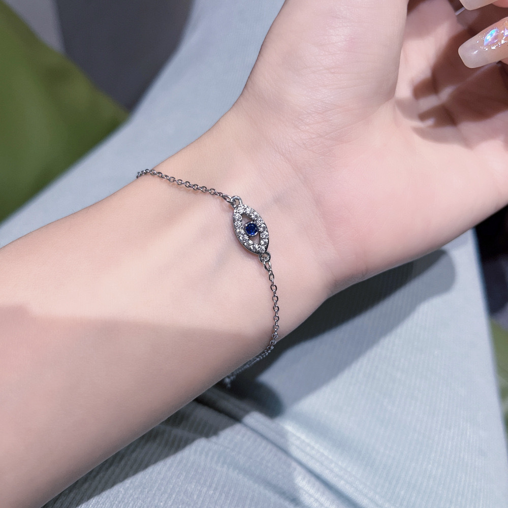 Boho Blue Zircon Evil Eye Pendant Bracelet for Women 18K White Gold Plated Elegant Good Luck CZ Crystal Eye Hand Chain Delicate Diamond Bracelet Weddi