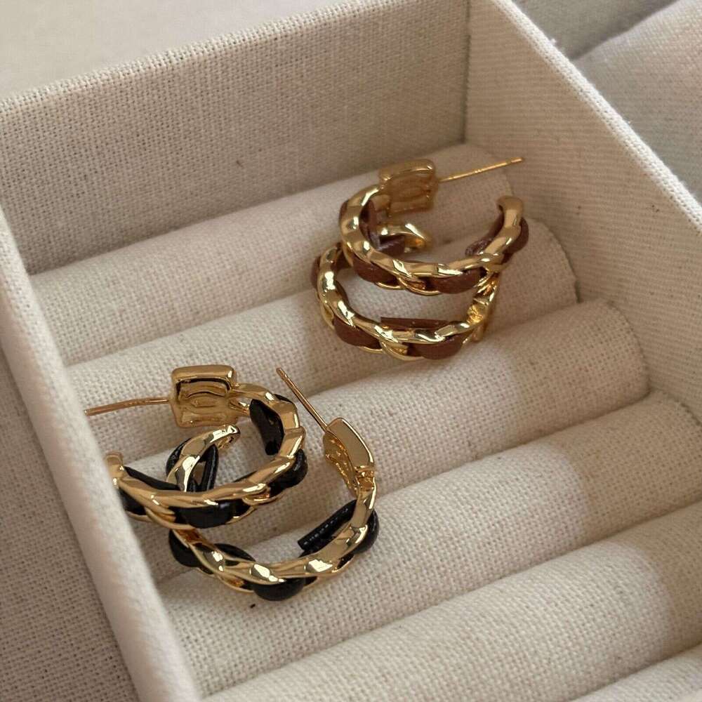 Earrings Gold Plated Leather Woven Large Circle Stainless Steel for Summer Daily and Party Wear Gift High Quality Texture