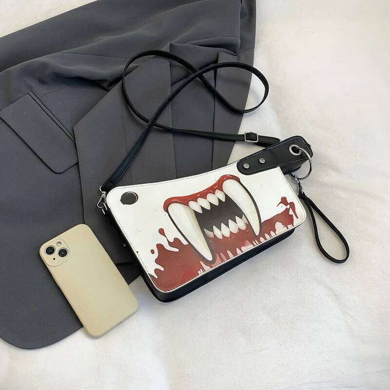 Gothic Dark Skull with Blood Stain Print Shoulder Punk Style Personalized Armpit Bag, Halloween Trendy Cool Crossbody