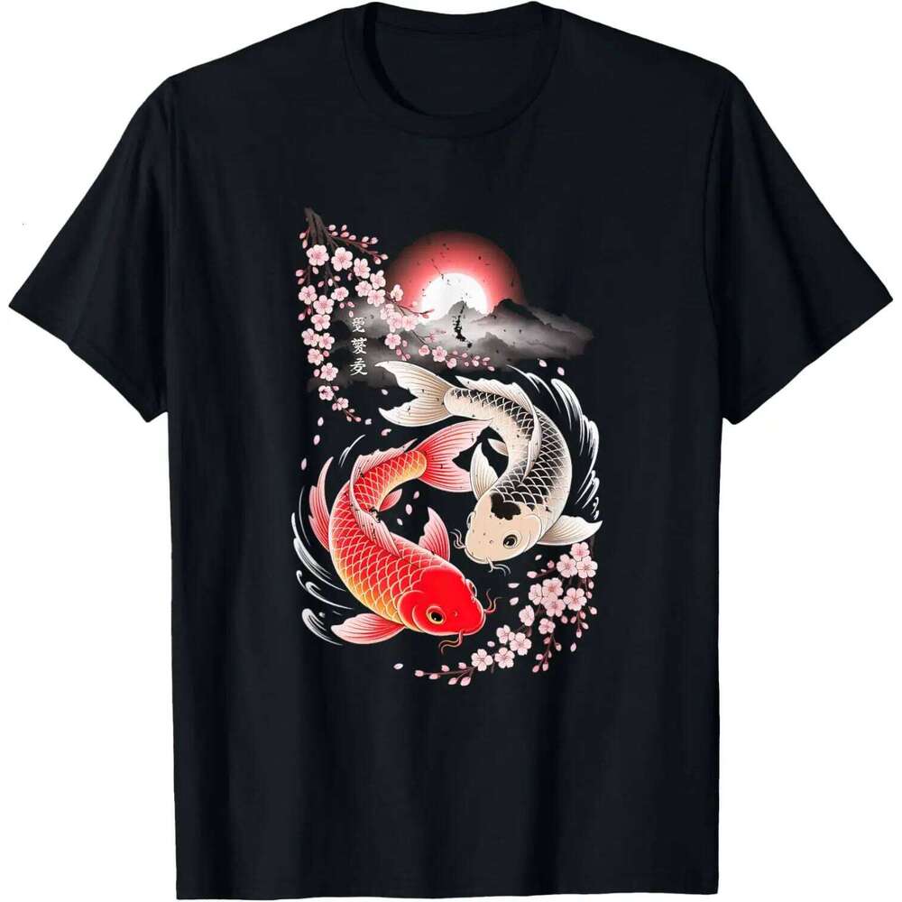 Koi Fish Cherry Blossom Graphic T-Shirt Men Short Sleeve Crewneck Tops Spring Autumn C260131