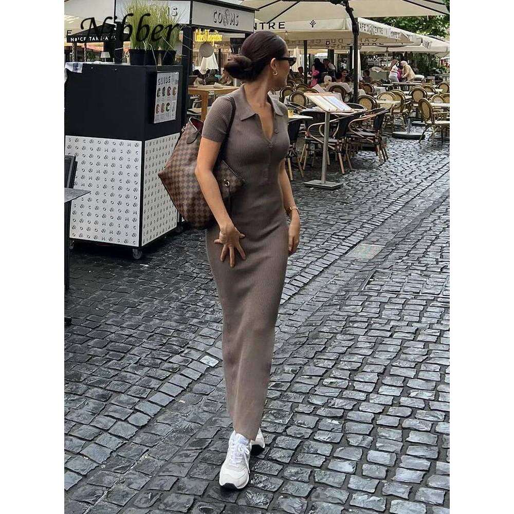 Nibber Solid Color Maxi Dress Summer Clothes For Women Elegent Middle collar Single-breasted Dresses Streetwear Party Travel XJ260131