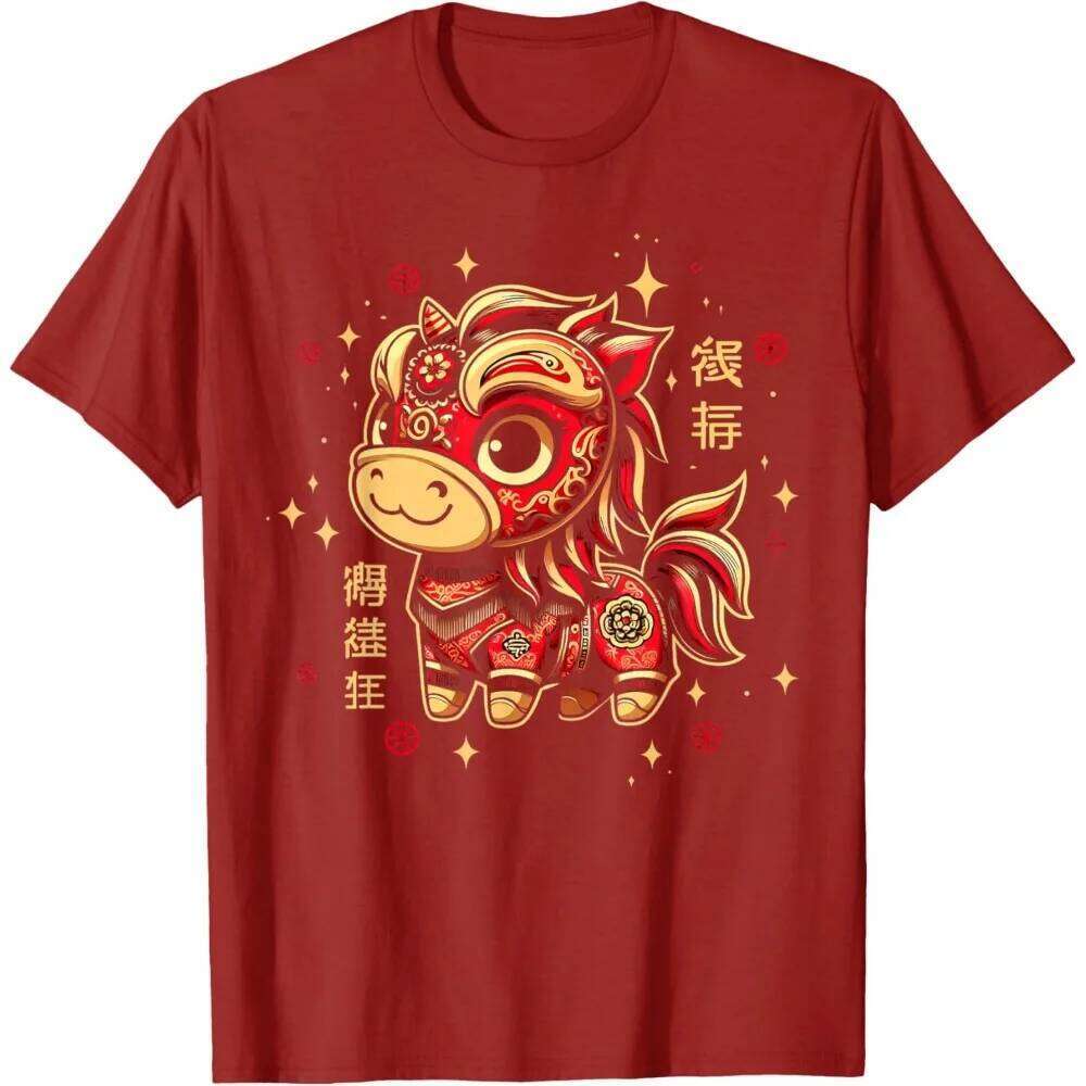 Lion Dance of The Chinese New Year Zodiac T-Shirt Men Cute Cartoonish Red Horse Graphic Clothes C260131