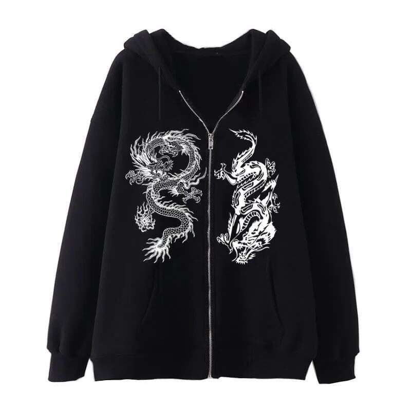 New Dragon Pattern TIKI Zipper Hoodie For Women Men European And American Street Fashion Trendy Loose Fit Luanyun Luanyun