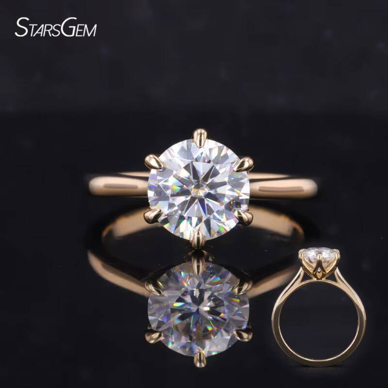 Starsgem 18k Yellow Solid Gold Jewelry D Vvs Moissanite Diamond 85mm Round Brilliant Cut Round Moissanite Ring