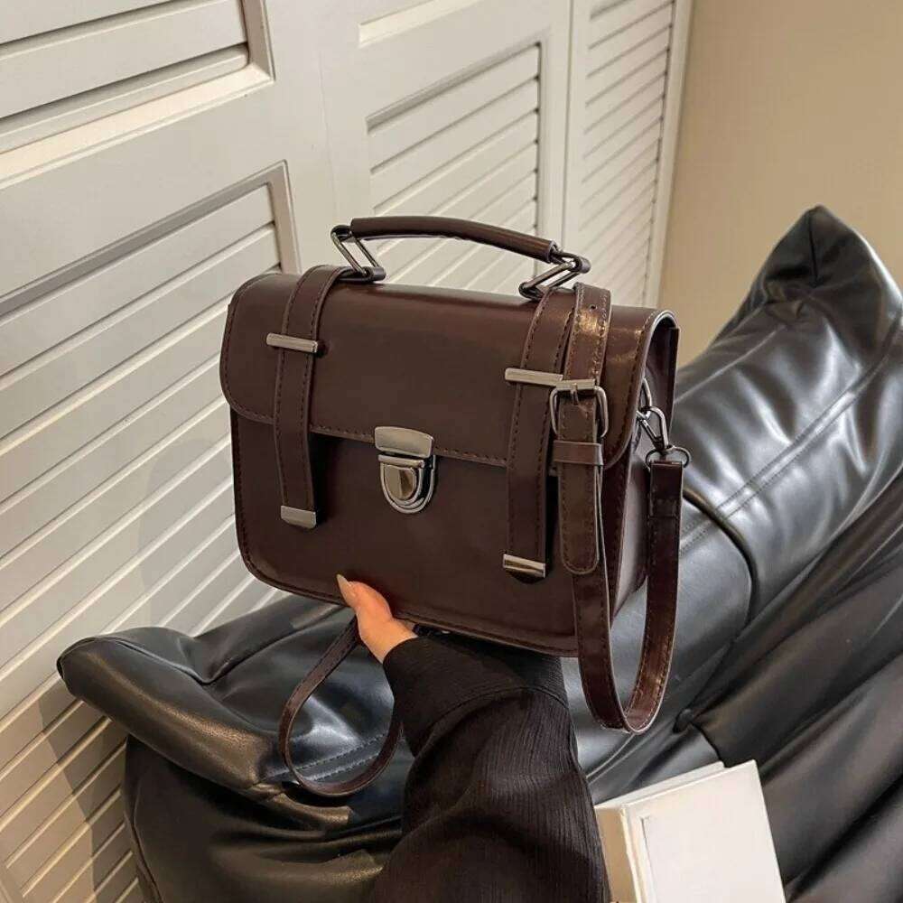 Girls Hundred Retro Small Square Bag Female Students Simple Crossbody College Style Shoulder Handbag Metal Lock Buckle Decoratio