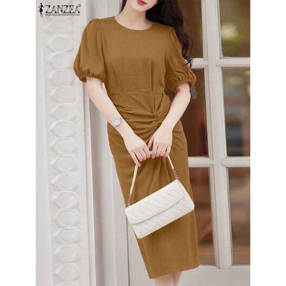 ZANZEA 2025 Women Pleated Dress Fashion Short Sleeve Sundress Elegant Office Work Vestidos Casual Loose Mid-Calf Robe Femme XJ260131