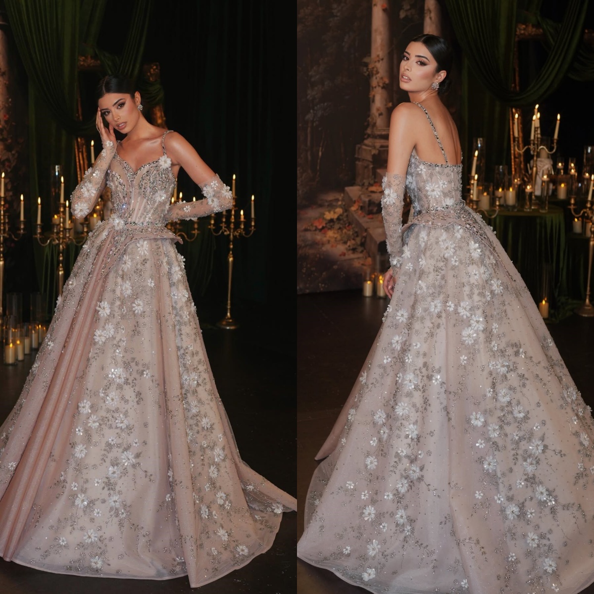 Modern Crystal Evening Dresses Spaghetti Straps Prom Dress Sequins 3D Flowers A Line Backless Princess arty Gowns Vestidos De Noche Plus Size