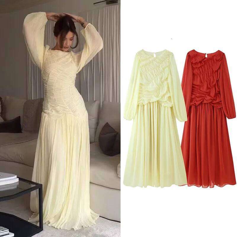 Elegant Pleated Lantern Sleeve Long Women O-Neck Folds Loose Holiday Beach Dress Summer Chic Vestidos