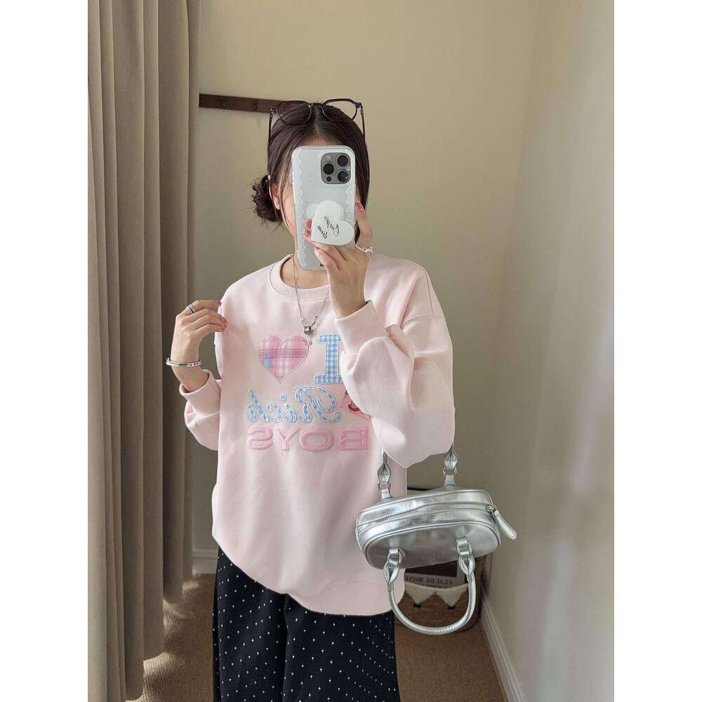 Korean Dongdaemun Patch Embroidery Round Neck Sweatshirt For Women, Autumn New Simple Letter Loose Casual Versatile Long Sleeve