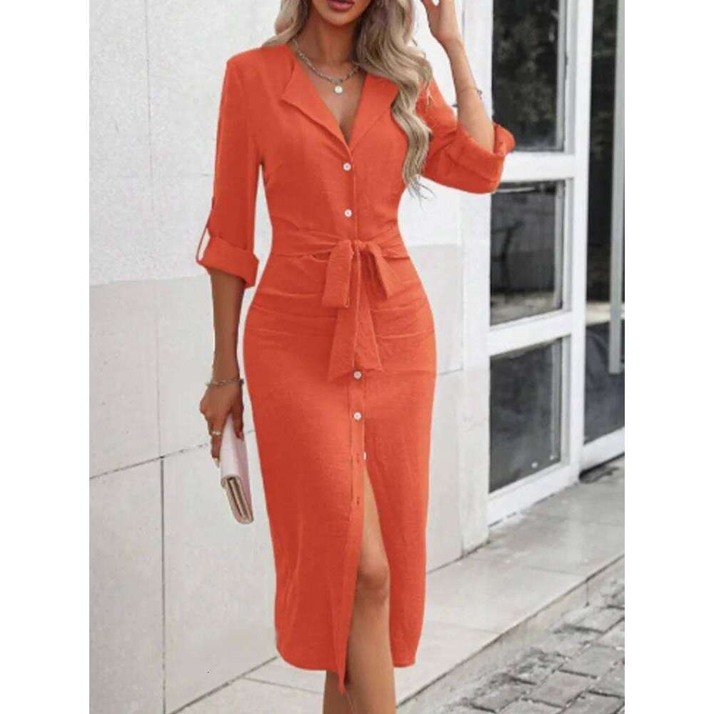 Lady Button Lapel Long Sleeved Solid Color Women's Lace Up High Street Fashion Autumn Spring Elegant Dress XJ260131