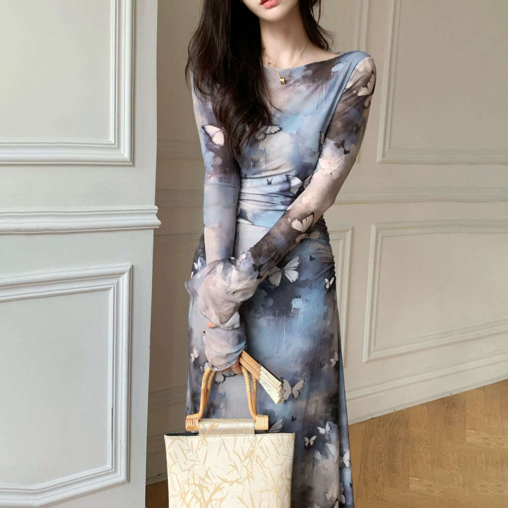 New Cool And Elegant Mesh Long Printed Waist Slim Fit Flared Sleeve Ink Style Dress