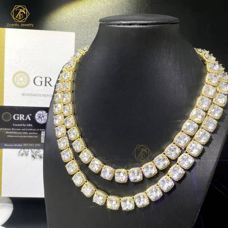 ZUANFO 10mm Iced Out Cuban Link Chain Baguette Cut Moissanite Hip Hop Jewelry Silver Flower Cluster Tennis Necklace