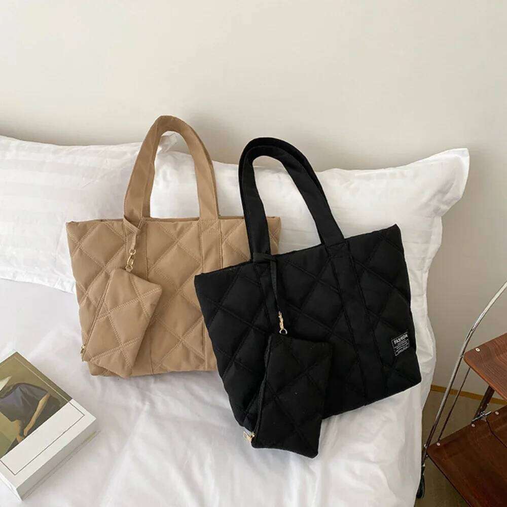 Women Handbag Fall Winter Fashion Rhombus Space Cotton Suit Shoulder Large Capacity Solid Color All-Match Shopping Tote Bag