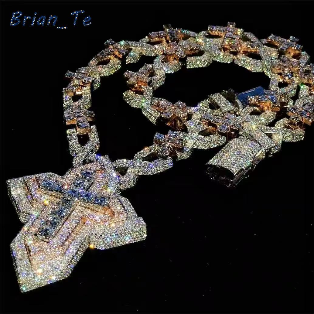 Lifeng Jewelry Bust Down VVS Moissanite Two Tone Cross Pendant Hiphop Sterling Silver Diamond Charm Necklace Jewelry Set