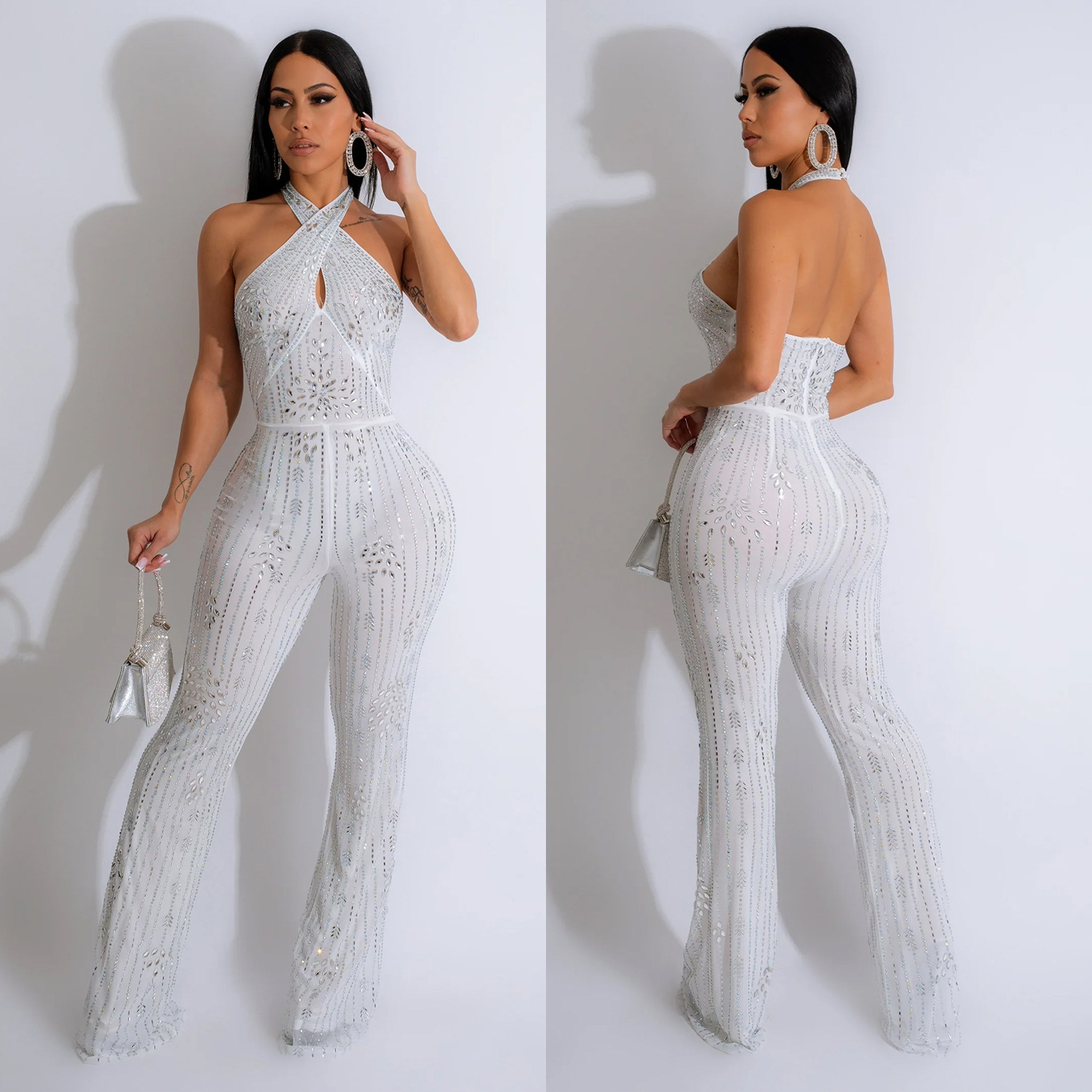 Sexy Plus Size Hang Neck Jumpsuit African Women Prom Dresses Elastic Tulle Sexy Backless Evening Gowns Women Ruched Formal Dress Sequined Beaded Gala 