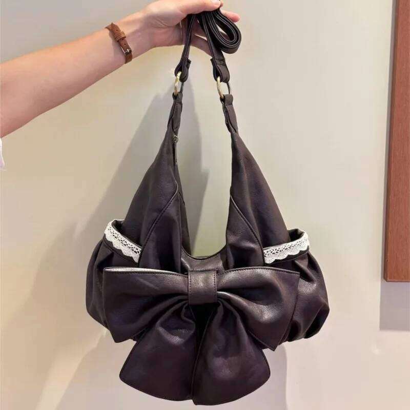 Korean Retro Bow Lace Tote Women Brown Soft Leather Large Capacity Shoulder Ladies Sweet Cute Harajuku Crossbody Bag New XJ260130
