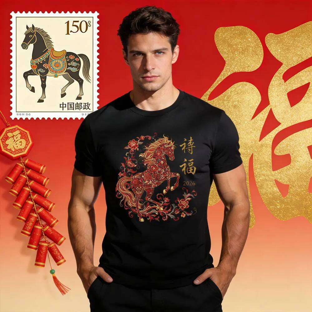 of The Horse 2026 Zodiac Men's Chinese Cotton T-Shirt New Year Party Gift Shirt Tops Winter Casual Men Clothing C260131