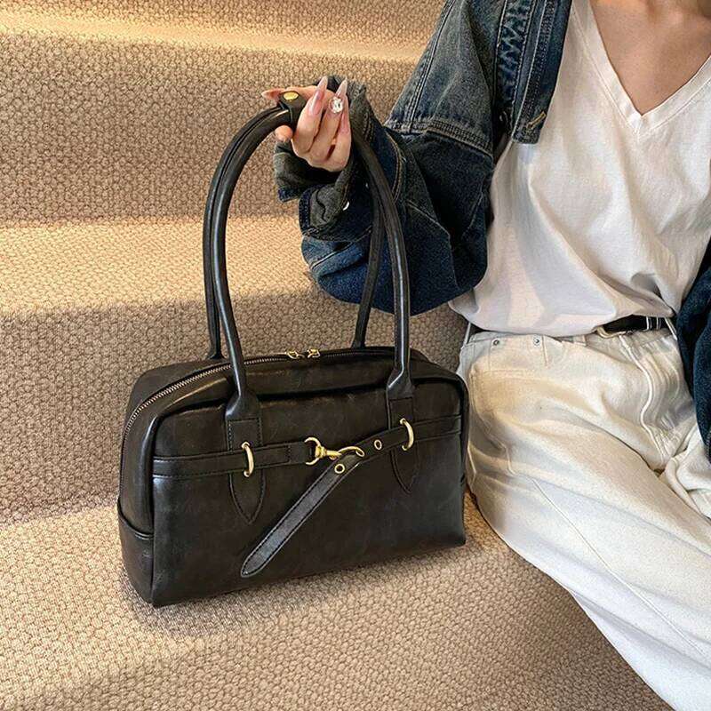 Spring Square Shoulder Bags for Women Retro Small Boston Bag Pure Color PU Leather Large Capacity Totes Latest Trend Handbag