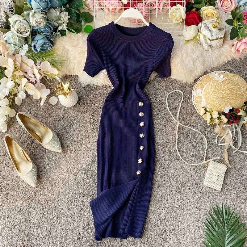 YuooMuoo Women European and American Fashion Short Sleeve Slimming Side Slit Knitted Mini Dress Streetwear Lady Outfits XJ260131
