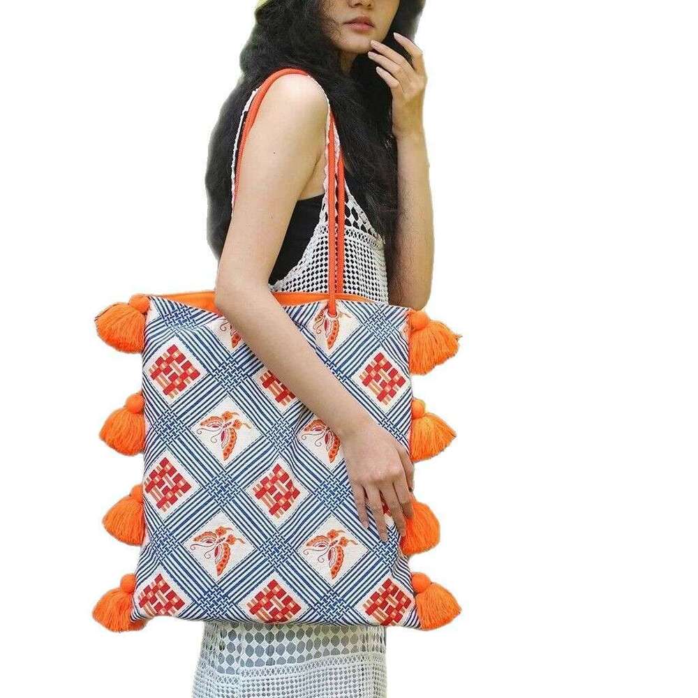 Artistic Niche Ethnic Tassel Large Capacity Underarm Color-Block National Style Single Shoulder Spring Summer Original Canvas Bag MASA