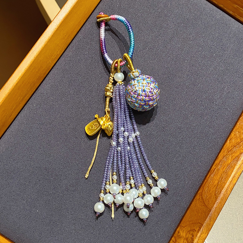 Chinese Style Design Boutique Keychain With Dribbling Bag Pendant Purple Tassel Style Pendant Charming With Hanging Rope