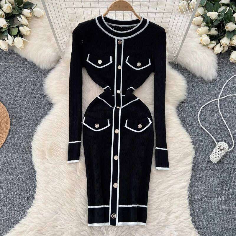 YuooMuoo Women 2024 New Autumn Winter O-neck Brand Buttons Knitted Sweater Dress Lady Bodycon Mini Party Vestidos Outfits XJ260131