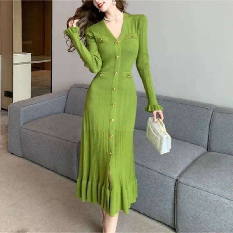 Solid Color Temperament Ruffle Edge Autumn Winter New Women's V-neck Button Long-sleeved Fishtail Knitted Fitted Dress XJ260131