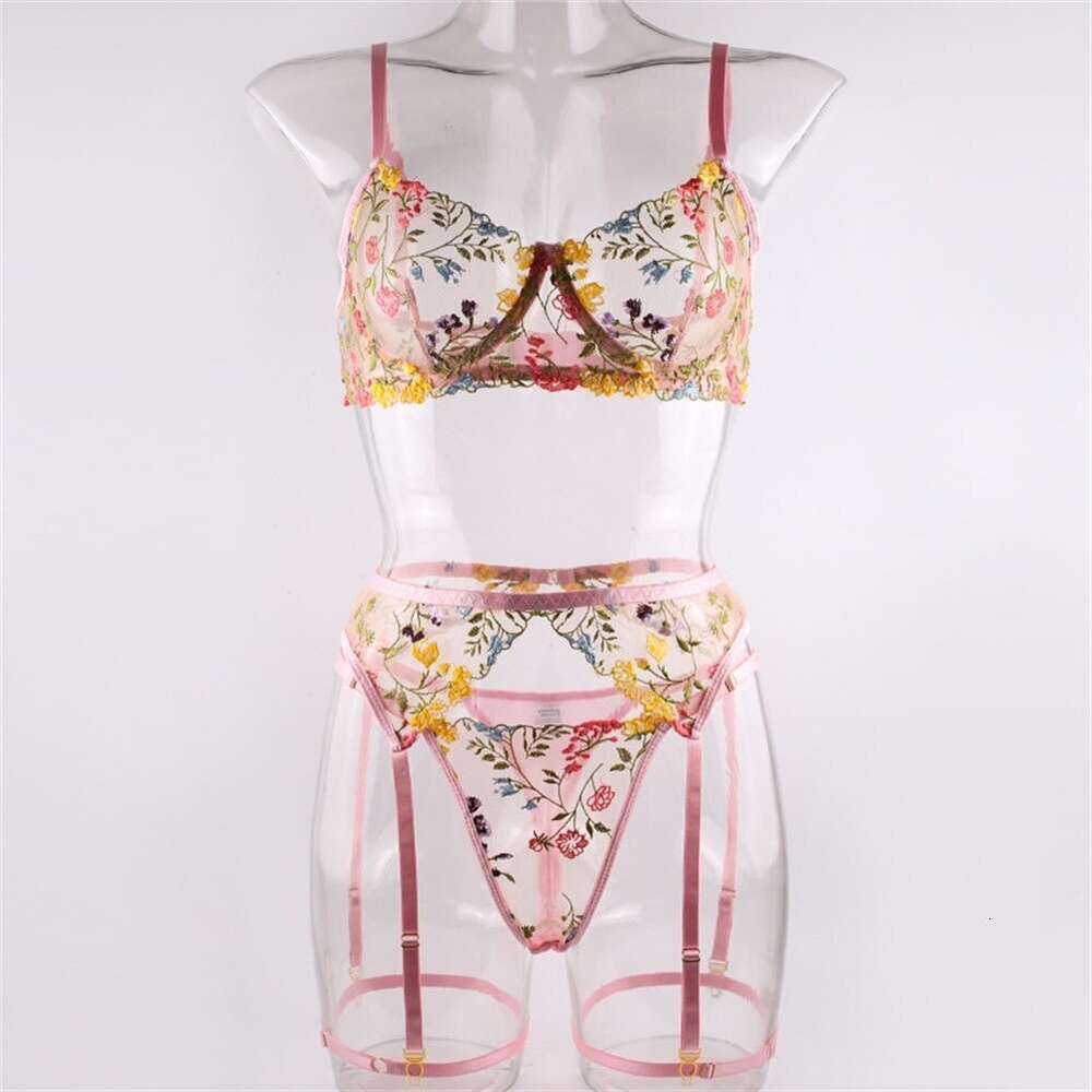 Women's floral embroidery lingerie set - transparent mesh bra and suspender underwear, romantic pajamas for Valentine's Day or role-playing