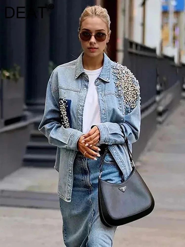 DEAT Fashion Decorate Denim Coat Women Lapel Irregular Single Breasted Patchwork Loose Jakcet Spring 260120