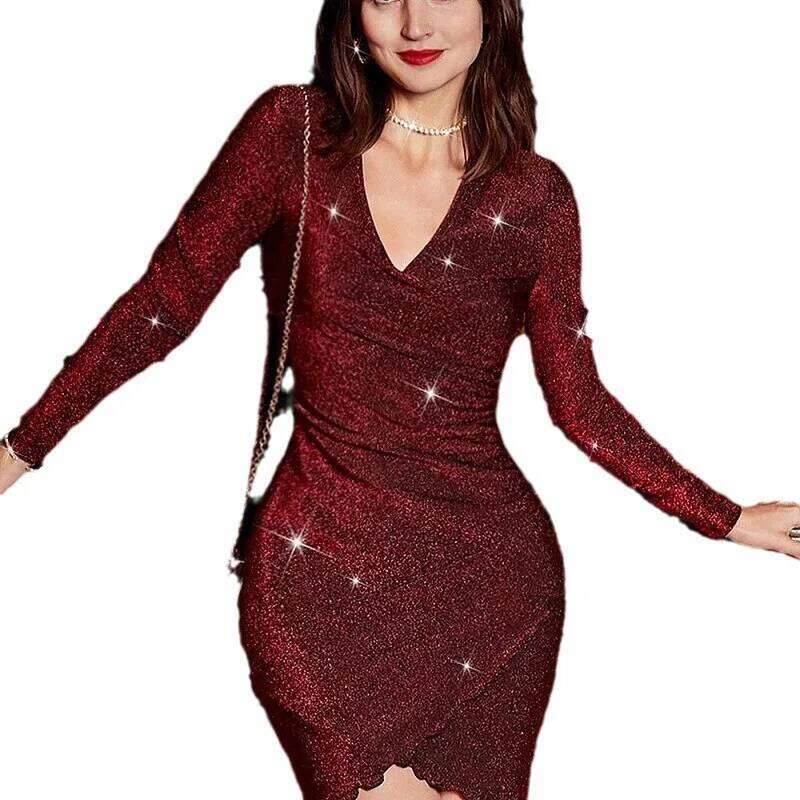 2026 Europe the United States Spring and summer new v-collar long-sleeved pure color petal dress Korea fleece slim skirt XJ260131