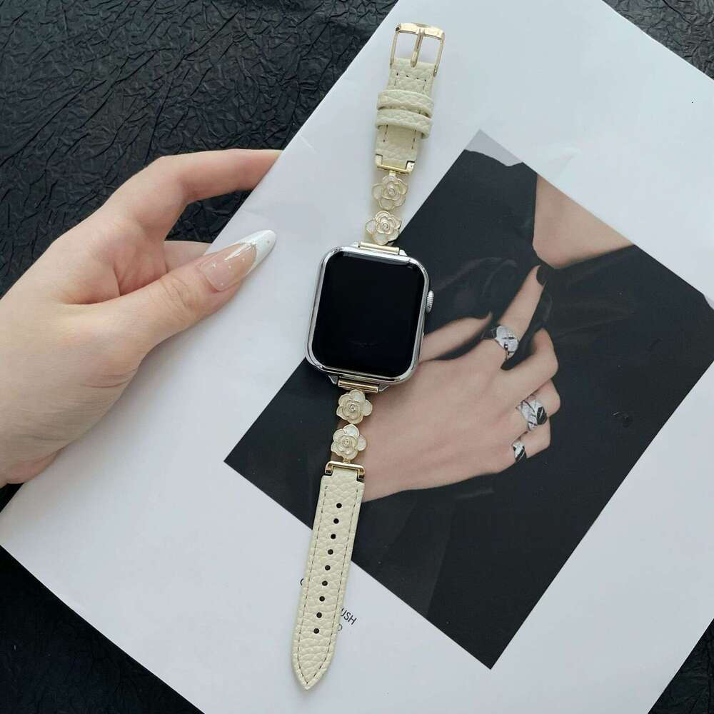 Camellia Diamond Denim Leather Apple Watch Band Fashion Strap for iWatch Series 1-10 Ultra SE