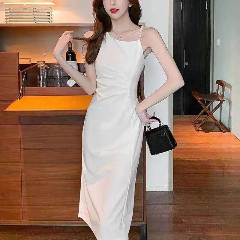 Pearl Spaghetti Strap Design Mermaid Ladies French Inclined Shoulder Dresses Female Elegant Solid Color Maix Dress Mujer XJ260131