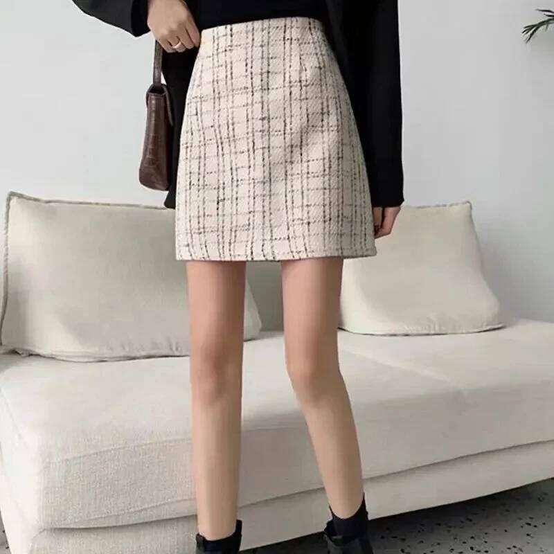 Women High Waist Plaid Tweed Skirt Autumn Winter Thick Woolen Short Woman Korean Fashion Slim Fit A-Line Skirts Ladies XJ260131