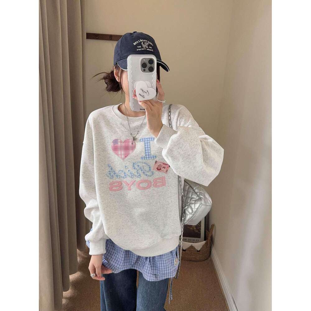 Korean Dongdaemun Patch Embroidery Round Neck Sweatshirt For Women, Autumn New Simple Letter Loose Casual Versatile Long Sleeve