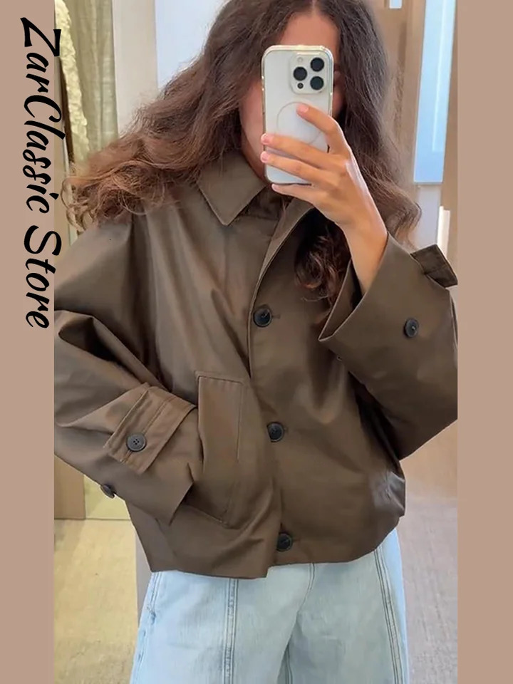 Casual Womens Hooded Cropped Trench Coat Loose Lapel Single Breasted Full Sleeve Jacket Female 2025 Autumn Lady Street Outwears 260120