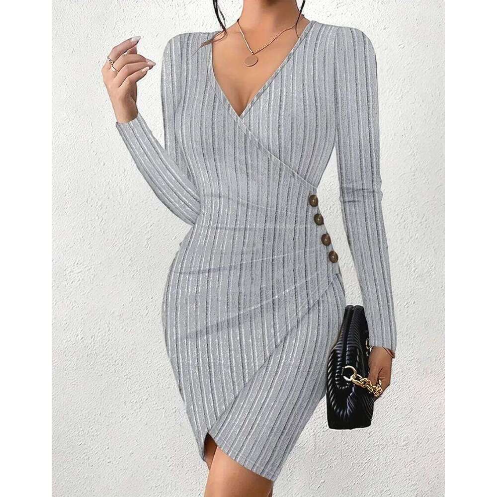 Women's V-Neck Long Sleeve Bodycon - Ribbed Knit Mini Dress with Button Detail Sexy Wrap Style for Party & Night Out XJ260131