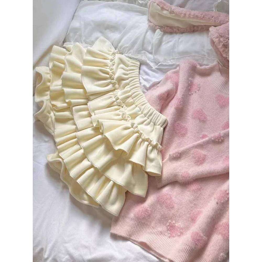 Kawaii Lolita Mini Women Elastic Japanese Korea Sweet Casual Female Ruffle Soft Plush Warm Cake Skirt Autumn Winter XJ260131