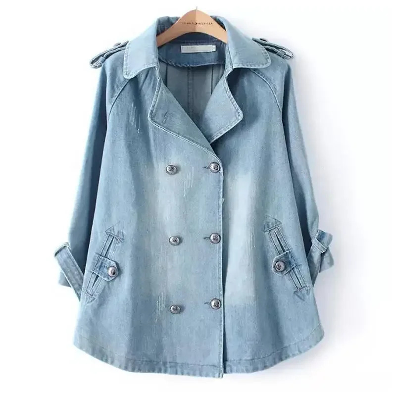 Denim Cape Coat Female Jacket Double Breasted Office Lady Windbreaker Basic Coats 2024 Autumn Overcoat 260120