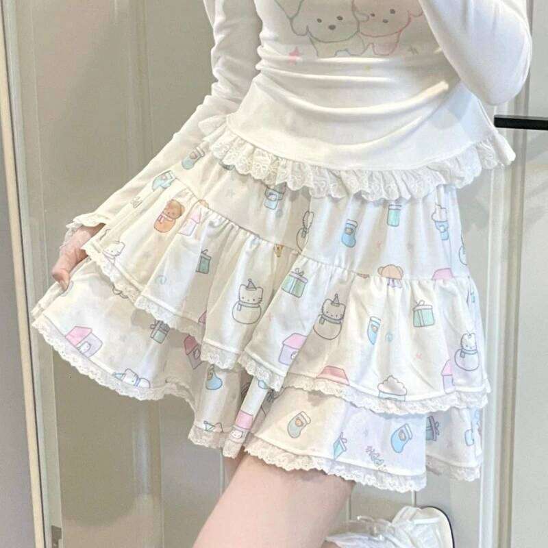 Kawaii Japanese Style Mini Skirt Women Harajuku Lolita Lace Pleated Sweet Cute Y2k Ruffles Cake Layered Skirts XJ260131