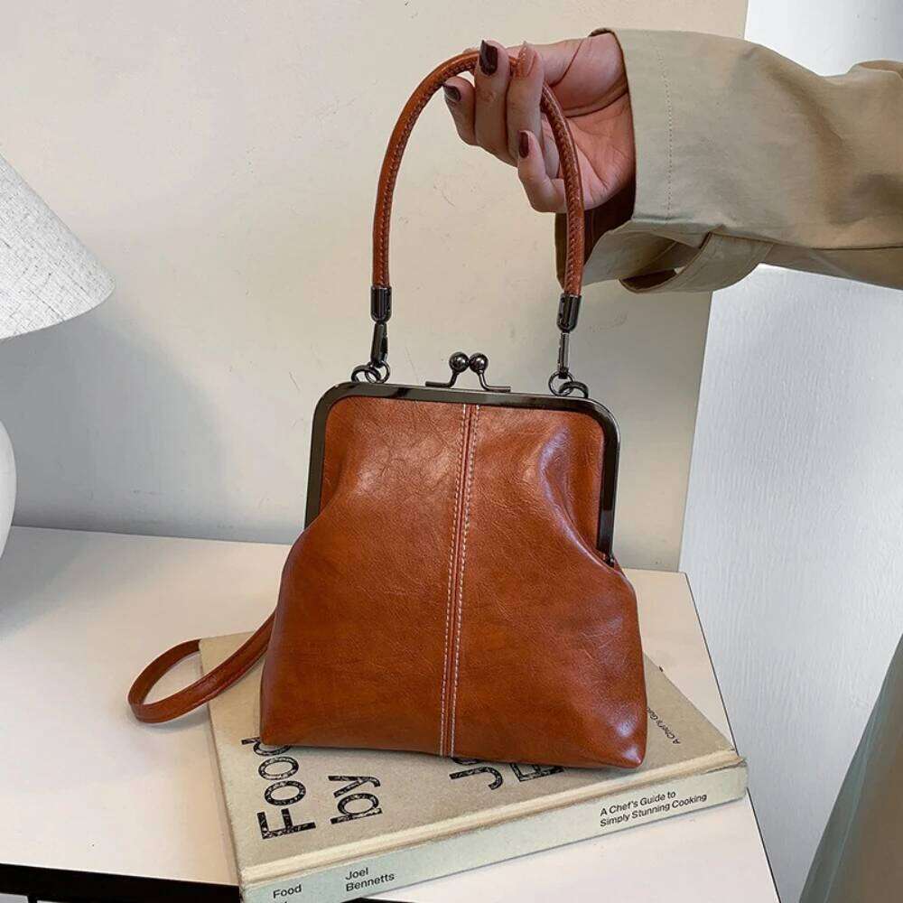 Elegant Kiss Lock Shoulder Large Capacity PU Leather Chinese Style Crossbody Bag Solid Color Retro Vintage Women's Handbag