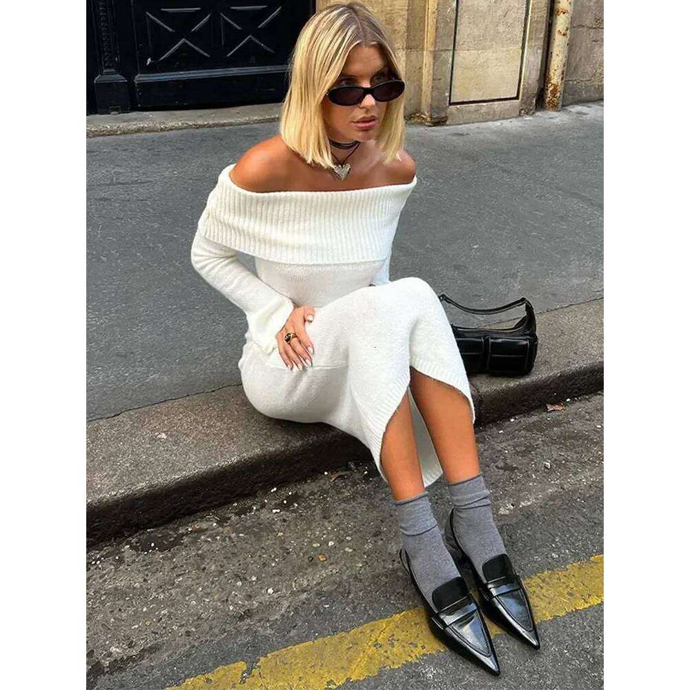 Sexy Slash Neck Knitted Party Midi Dress Women Off Shoulder Split Long Sleeve Ribbed Lady Knitwear Hip Package Elegant Robe XJ260131