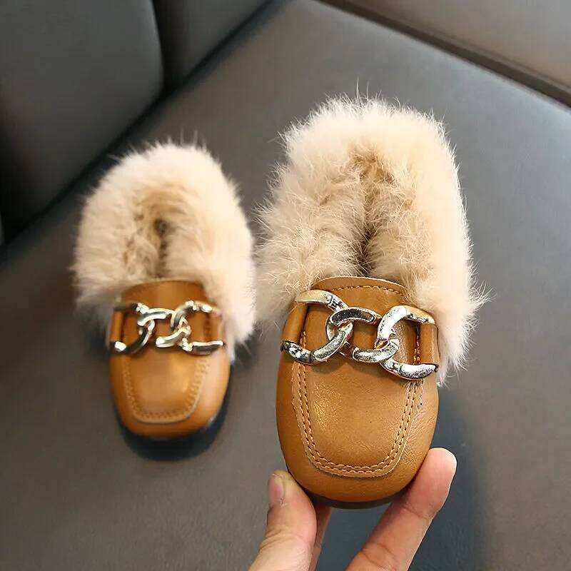 Kids Fur Children Velvet Baby Girls Warm Flats Toddler Black Brand Shoes Princess Loafer Chain Moccasin For Winter Y260128