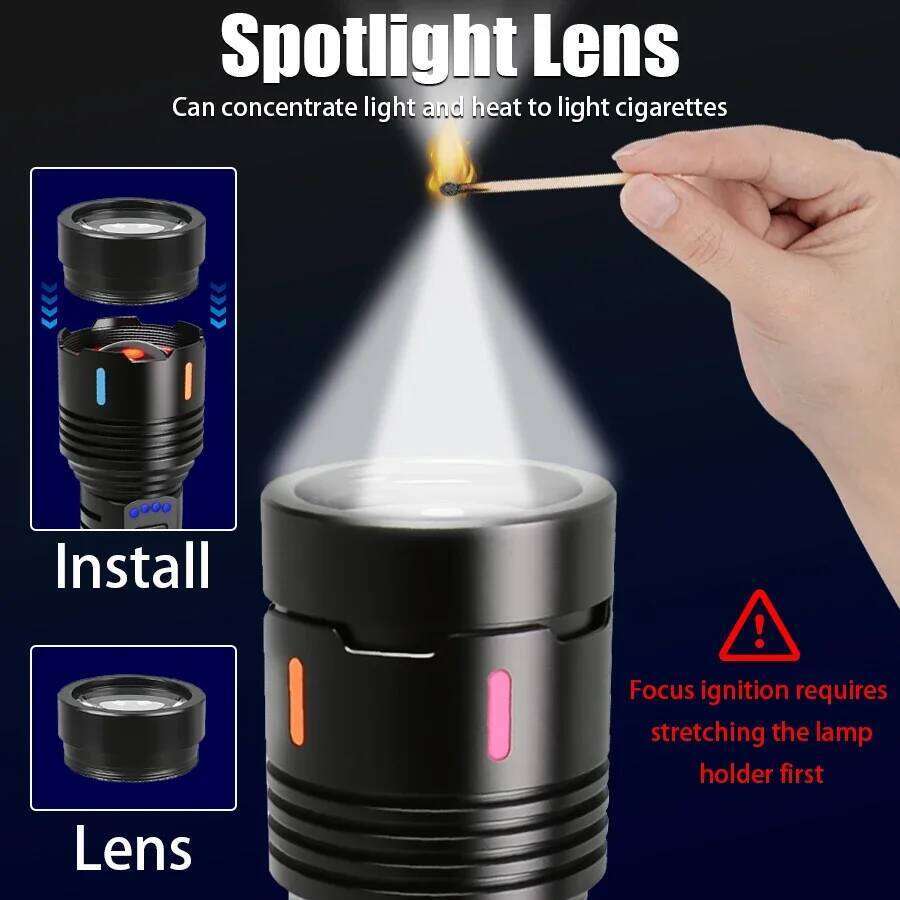 High Power LED Flashlight Type-c Rechargeable Zoom Tactical Torch Waterproof Outdoor Camping Emergency Lantern Can Light A Flame H260131