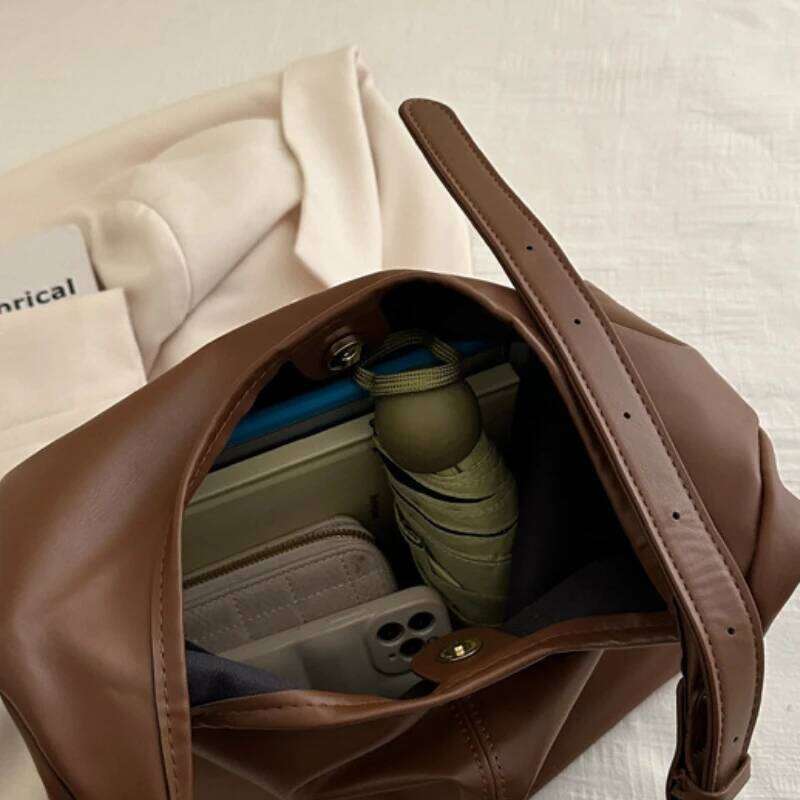 Korean Style Commute Shoulder Retro Large Capacity Pu Leather Tote Solid Color Minority Design Women's Underarm Bag XJ260131